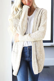 Beige hooded heathered knit open cardigan with pockets, acrylic blend.