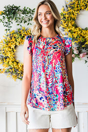 Painterly ruffle sleeve blouse in multi-color abstract print with a round neckline.