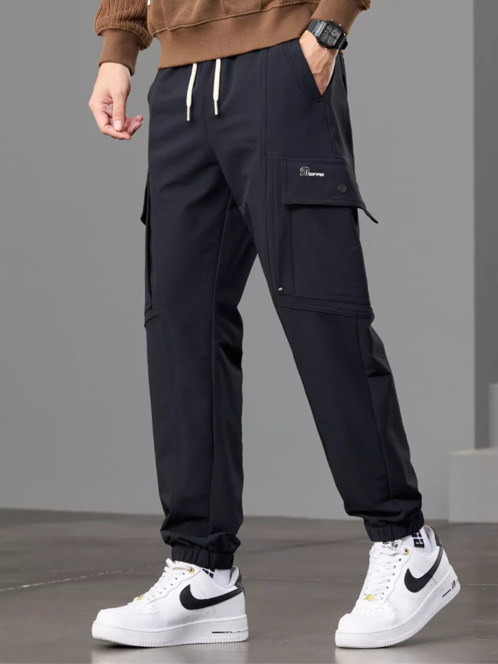 Men S Casual Cargo Pants With Drawstring Waist in Khaki, fabric detail
