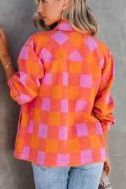 Sunset Check Overshirt with patch pockets in orange and pink plaid.