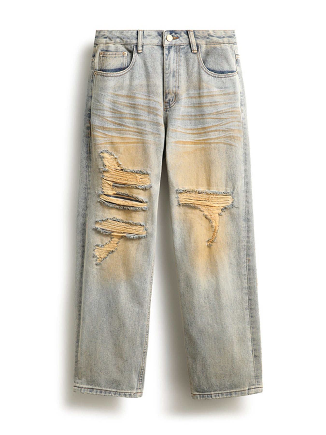Men's light wash distressed cotton jeans with unique yellow wash and ripped details.