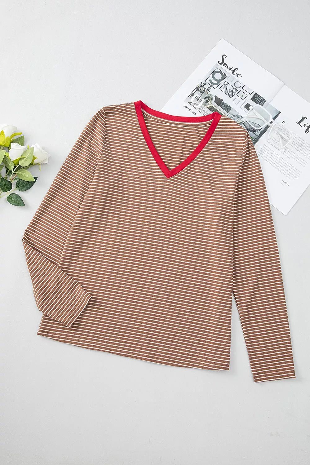 Stripe V Neck Stretchy Long Sleeve Top in Sage, back view