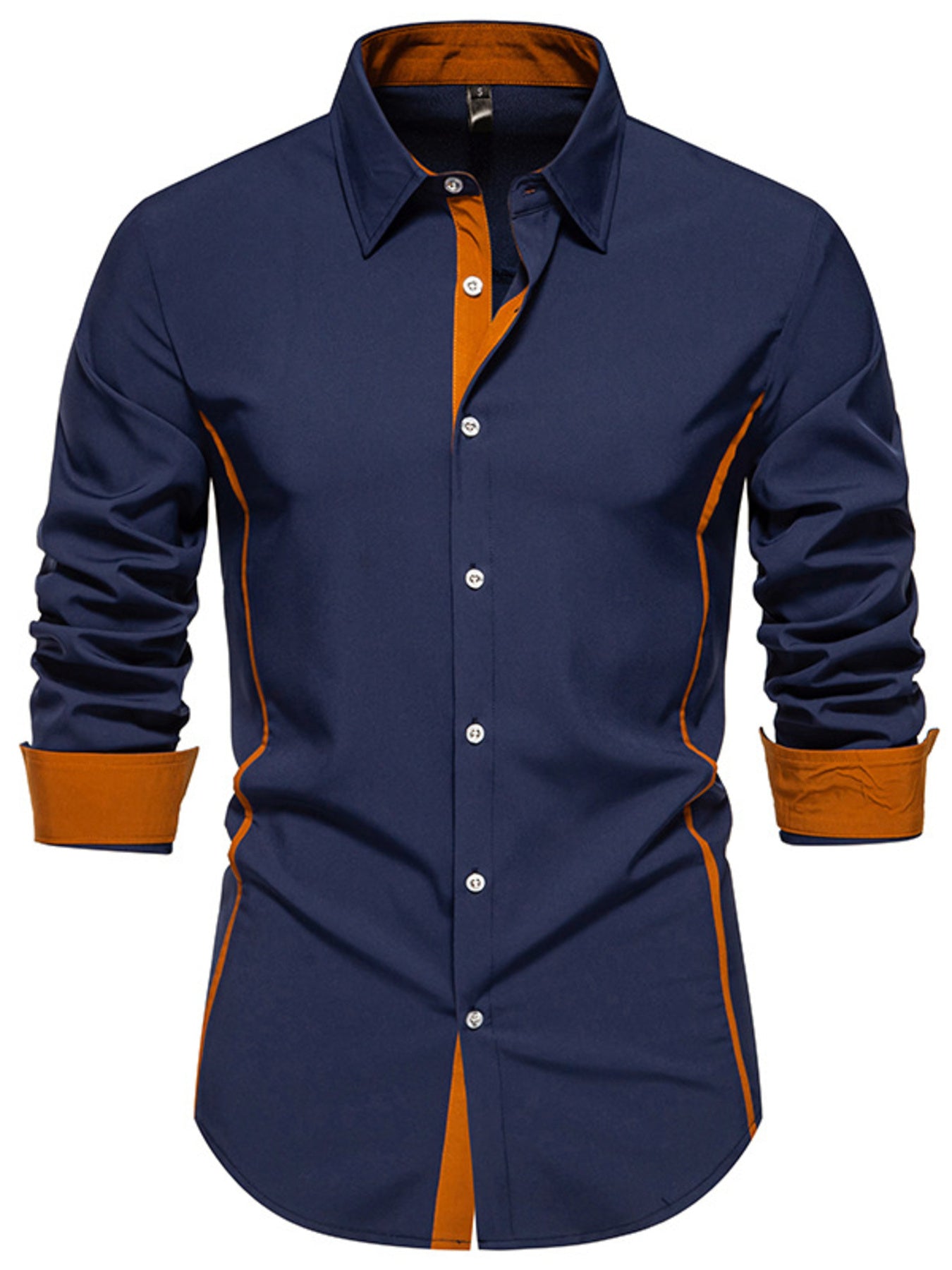 Navy blue button-down shirt with contrast orange trim and cuffs.