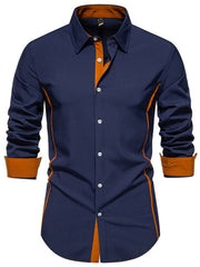 Navy blue button-down shirt with contrast orange trim and cuffs.