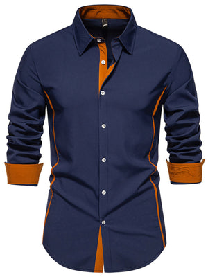 Navy blue button-down shirt with contrast orange trim and cuffs.