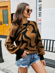 Tiger stripe knit crewneck sweater in caramel with black pattern, acrylic, long sleeves.