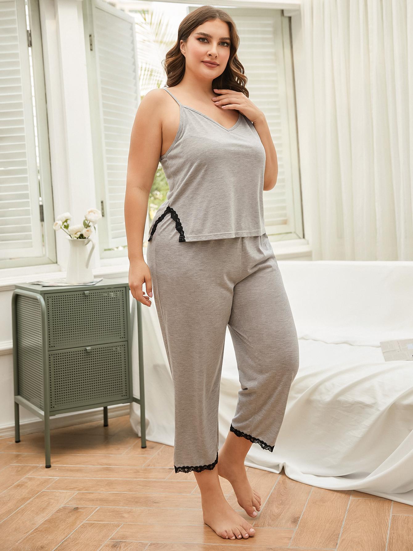 Light gray cami and capri set with black lace trim.