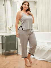 Light gray cami and capri set with black lace trim.