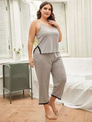 Light gray cami and capri set with black lace trim.