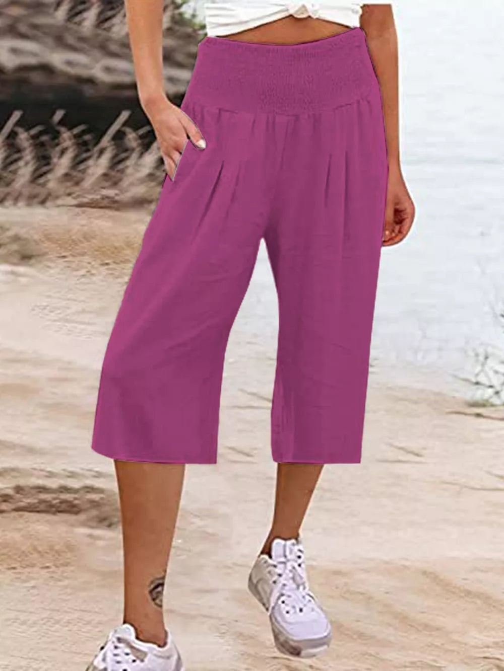 Effortless Smocked Wide-leg Capri Pants
