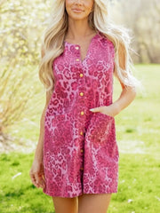 Leopard Denim Buttoned Shift Sleeveless Dress in Hot Pink, side view