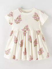Toddler beige cotton dress with pink floral print and gathered skirt.