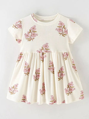 Toddler beige cotton dress with pink floral print and gathered skirt.