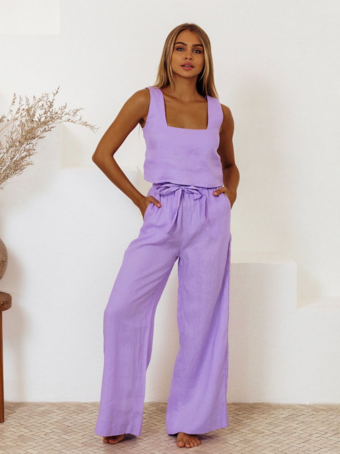 Lavender linen set with square neck tank and wide leg pants with tie waist.