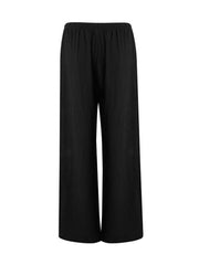 Black crinkled wide-leg pants with drawstring waist and textured fabric.