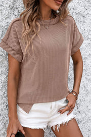 Vertical ribbed tee with split hem in camel, short sleeves, mock neck, casual chic style.