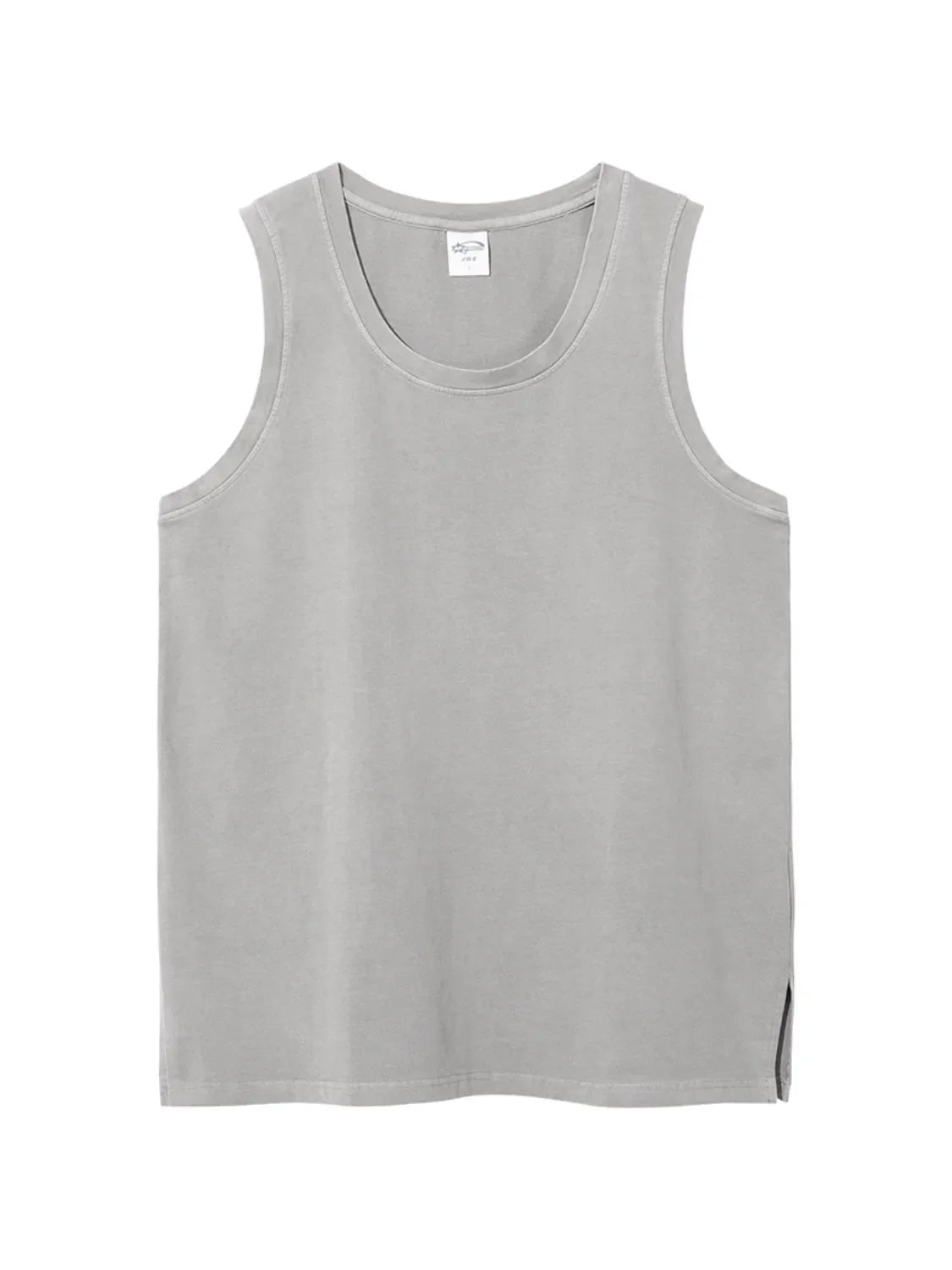 Gray relaxed fit tank top with scoop neck and side slits