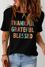 Black t-shirt with leopard print graphic text THANKFUL GRATEFUL BLESSED