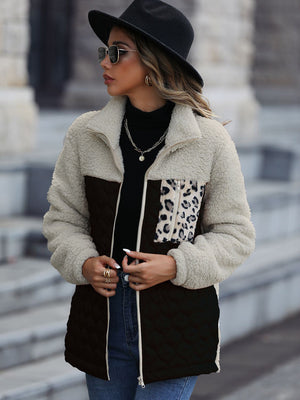 Teddy & quilted panel zip jacket in cream and black with leopard print pocket detail