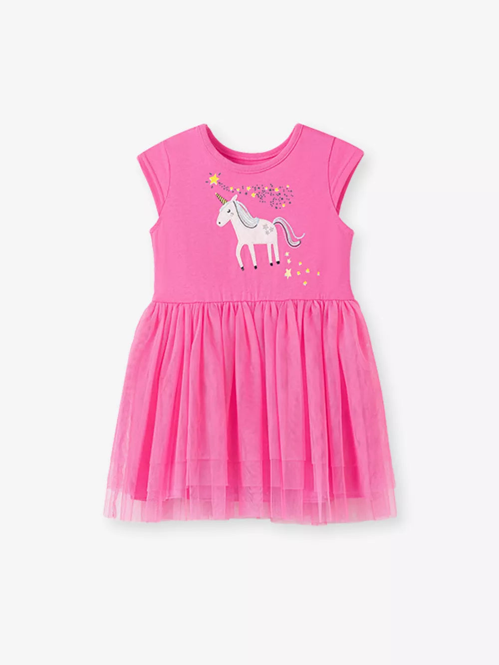 Pink cotton dress with cap sleeves, unicorn print and tiered tulle skirt.