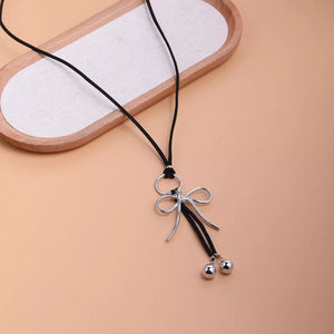 Elegant Bow Pendant Faux Leather Necklace in Silver, back view