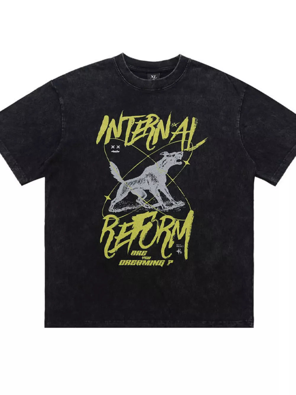 Washed black cotton t-shirt with howling wolf graphic and "INTERNAL REFORM" text.