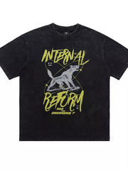 Washed black cotton t-shirt with howling wolf graphic and "INTERNAL REFORM" text.