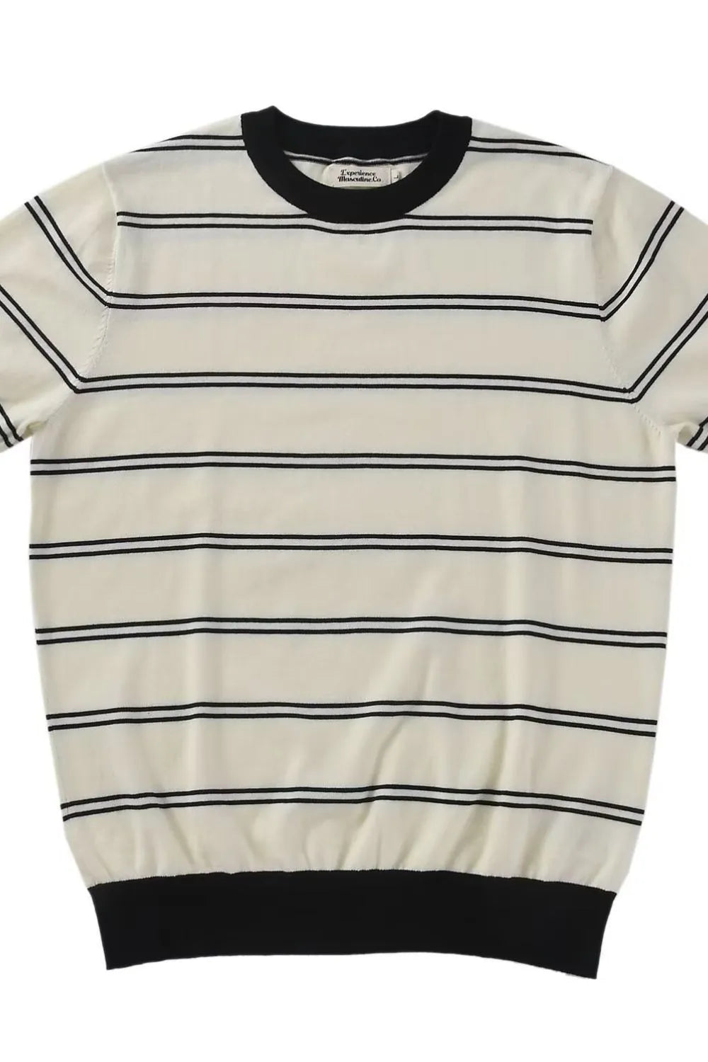 Beige ribbed stripe t-shirt with black contrast trim and neckline