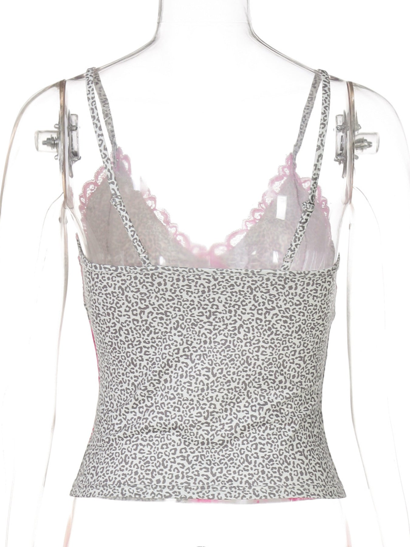 Leopard print camisole with lace trim and adjustable straps.