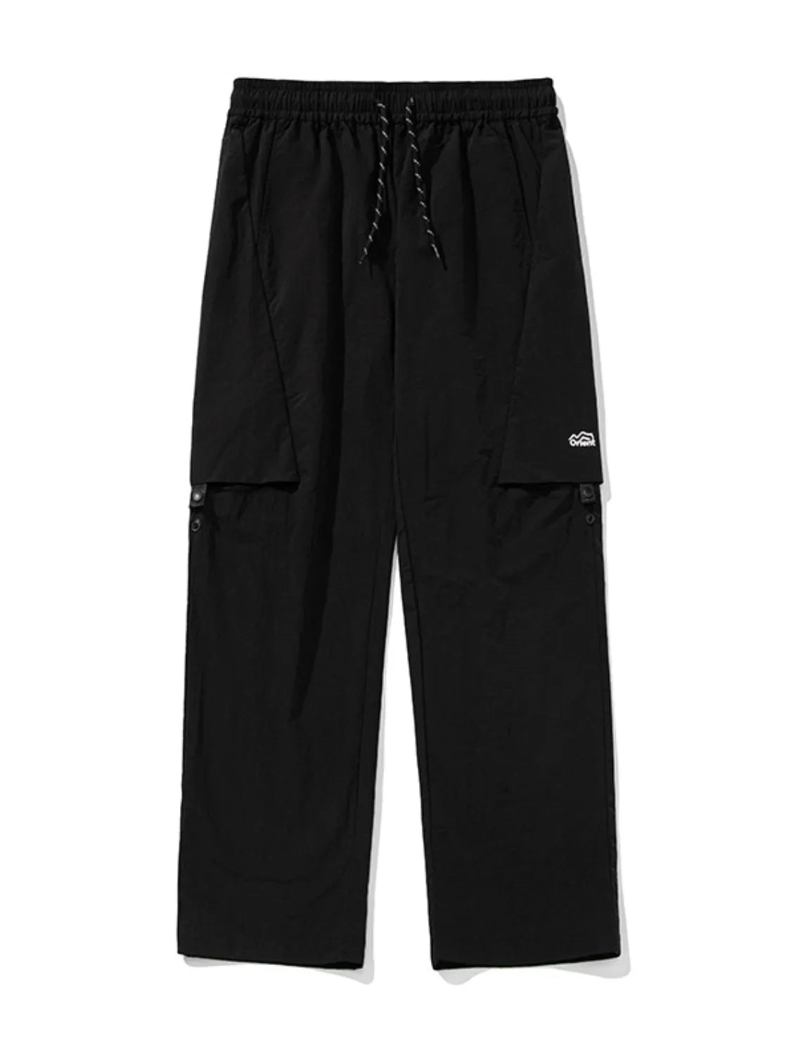 Black cargo pants with drawstring waist and flap pockets