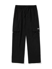 Black cargo pants with drawstring waist and flap pockets