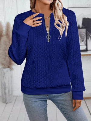 Chic Cable Texture Quarter-zip Sweatshirt in Blue, fabric detail