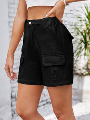 Black denim high-waist cargo shorts with multiple utility pockets.