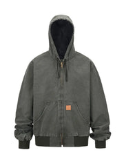 Washed canvas workwear hoodie jacket in charcoal with zip front, hood, and pocket details.