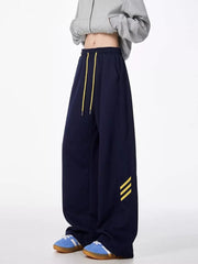Navy sweatpants with yellow drawstring and side stripes, relaxed fit.