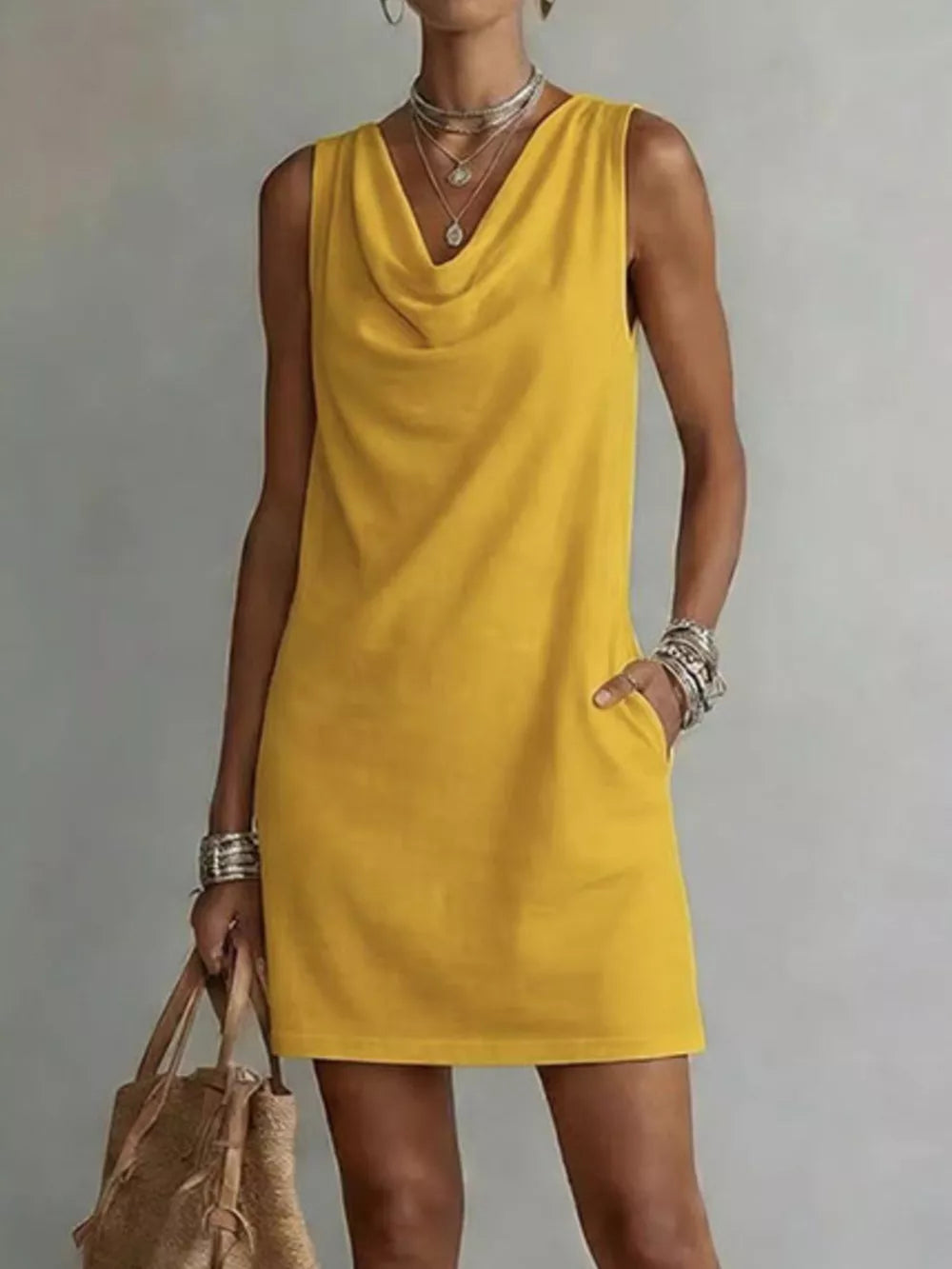 Chic Cowl Neck Mini Dress With Pockets