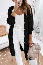 Black openwork button-down maxi cardigan with wood buttons, acrylic knit.