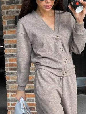 Taupe button-front lounge set with V-neck sweater and drawstring pants.