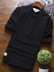 Black casual mandarin collar 3/4 sleeve cotton shirt with buttoned placket and chest pocket.