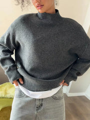 Dark Gray Relaxed Mock Neck Knit Sweater with a soft acrylic blend texture.