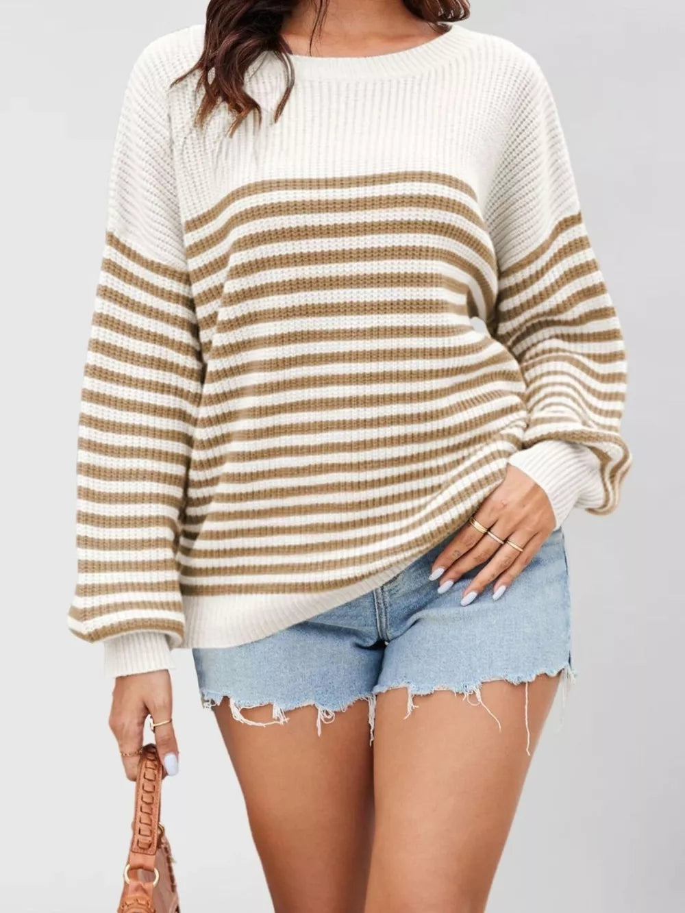 ivory pullover sweater with striped and crew neck