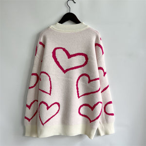Heart Outline Knit Sweater in cream with pink hearts, acrylic, casual long sleeve.