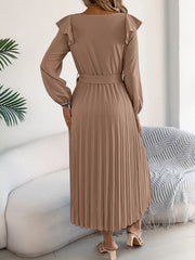 Khaki midi dress with ruffled shoulders, long sleeves, belted waist, and pleated skirt.