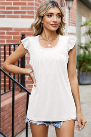 White pleated front flutter sleeve top with scoop neck