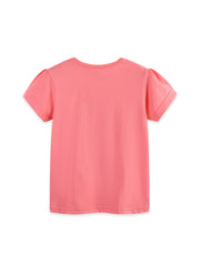 Coral toddler t-shirt with puff sleeves and round neckline.