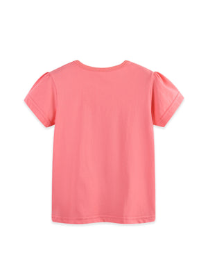 Coral toddler t-shirt with puff sleeves and round neckline.