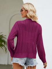 Deep purple ribbed trim cardigan with open knit detail and long sleeves.