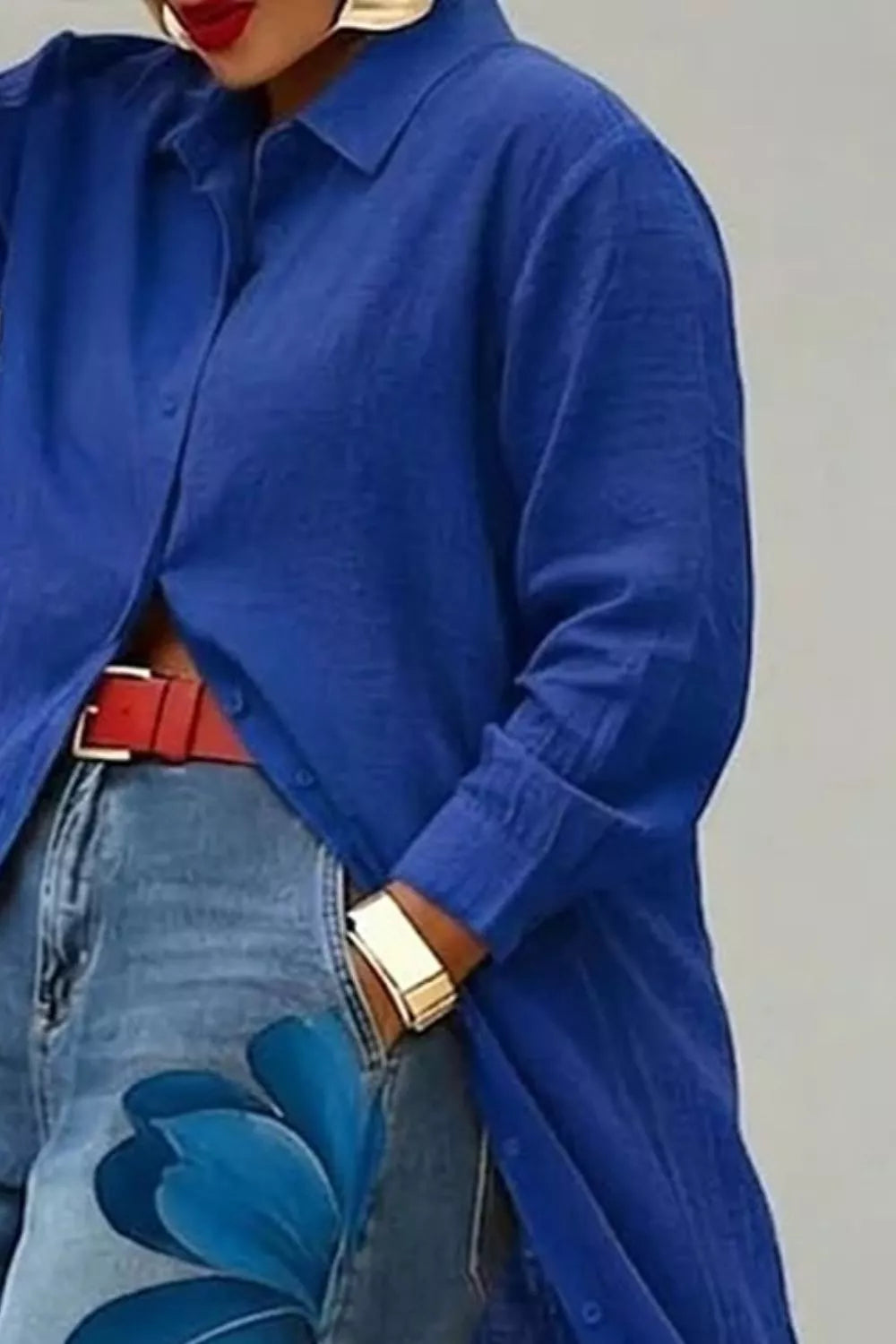 Button Up Long Sleeve Longline Shirt in Royal Blue, fit detail