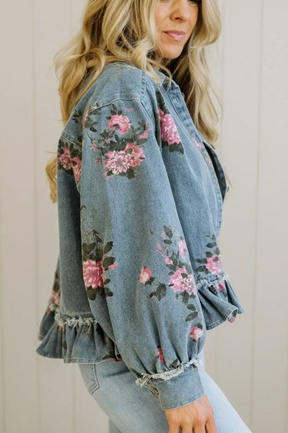 Floral Print Denim Jacket With Ruffled Hem, close-up detail