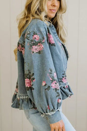 Floral Print Denim Jacket With Ruffled Hem, close-up detail